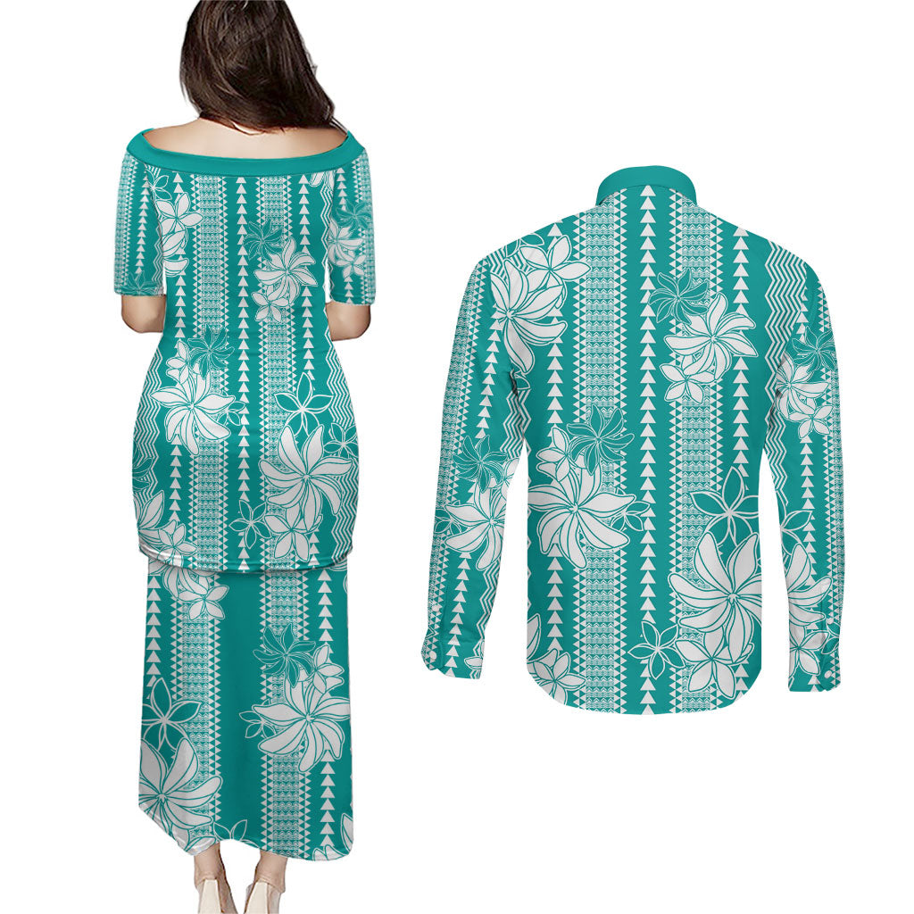 Hawaii Kakau Tribal Couples Matching Puletasi and Long Sleeve Button Shirt With Teal Tiare