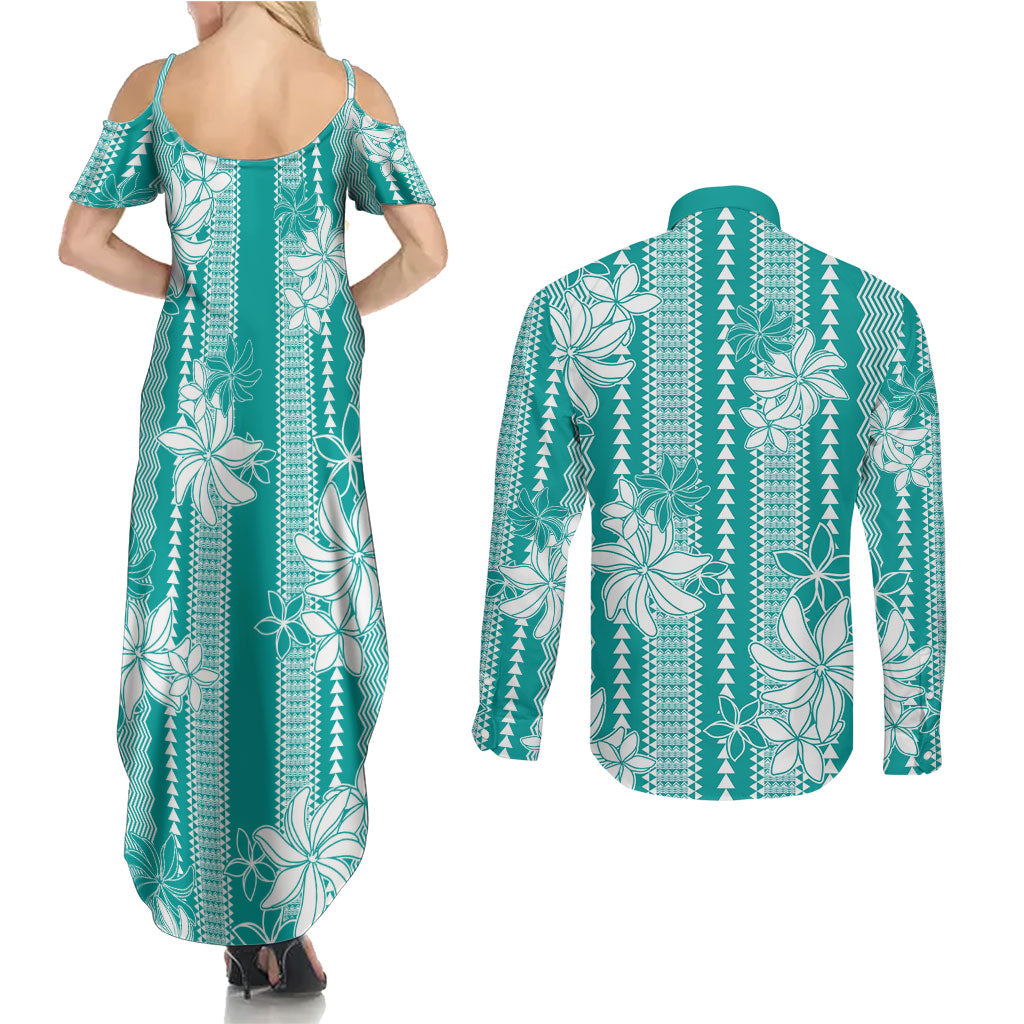 Hawaii Kakau Tribal Couples Matching Summer Maxi Dress and Long Sleeve Button Shirt With Teal Tiare