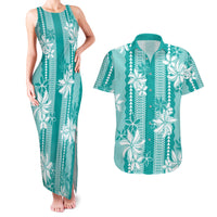 Hawaii Kakau Tribal Couples Matching Tank Maxi Dress and Hawaiian Shirt With Teal Tiare