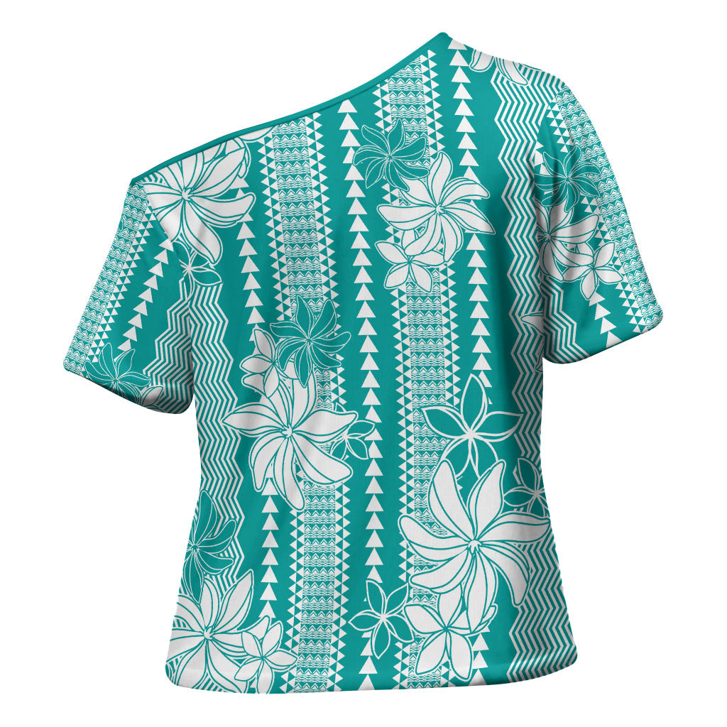 Hawaii Kakau Tribal Cross Shoulder Shirt With Teal Tiare