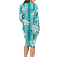 Hawaii Kakau Tribal Family Matching Long Sleeve Bodycon Dress and Hawaiian Shirt With Teal Tiare