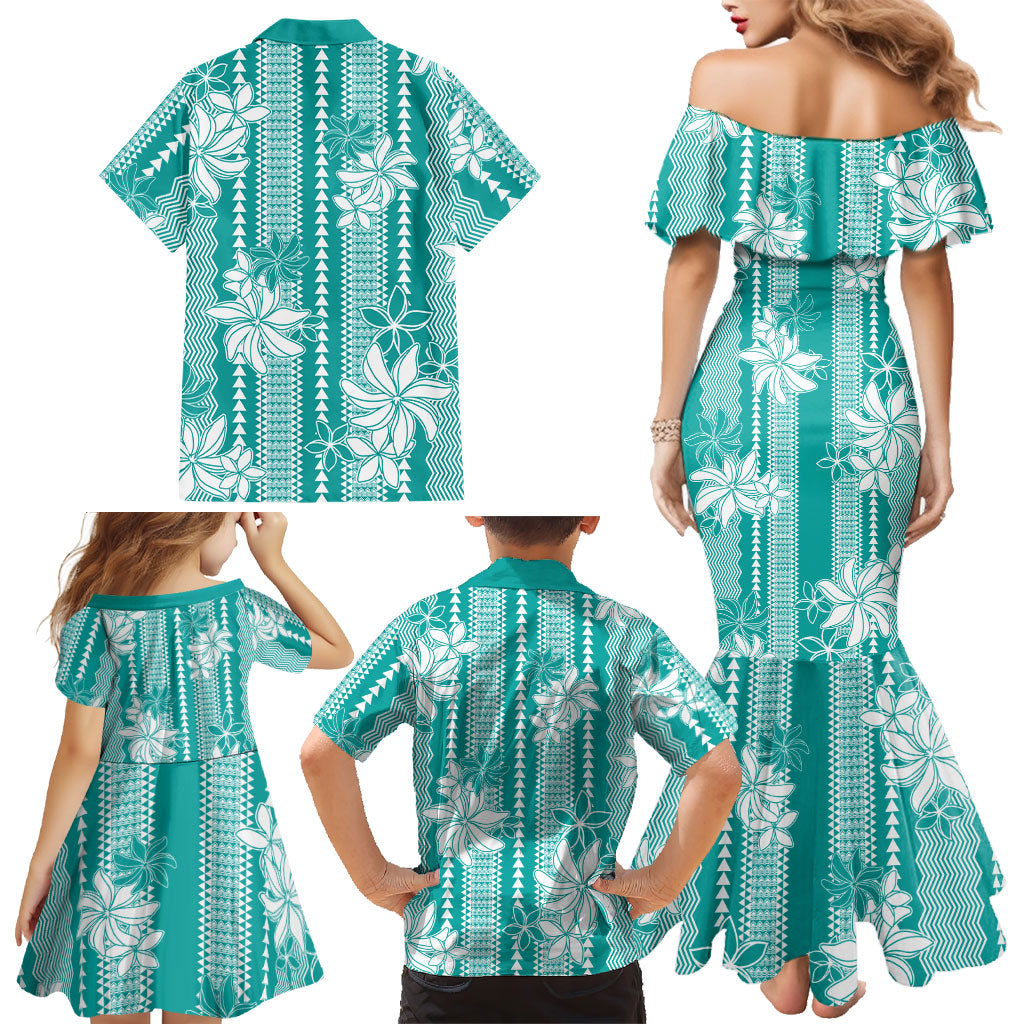 Hawaii Kakau Tribal Family Matching Mermaid Dress and Hawaiian Shirt With Teal Tiare