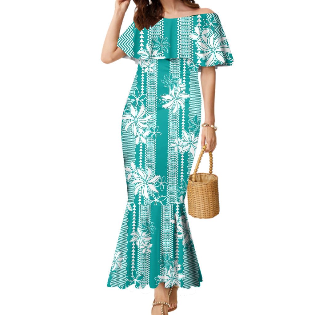 Hawaii Kakau Tribal Family Matching Mermaid Dress and Hawaiian Shirt With Teal Tiare