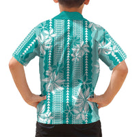 Hawaii Kakau Tribal Family Matching Off The Shoulder Long Sleeve Dress and Hawaiian Shirt With Teal Tiare