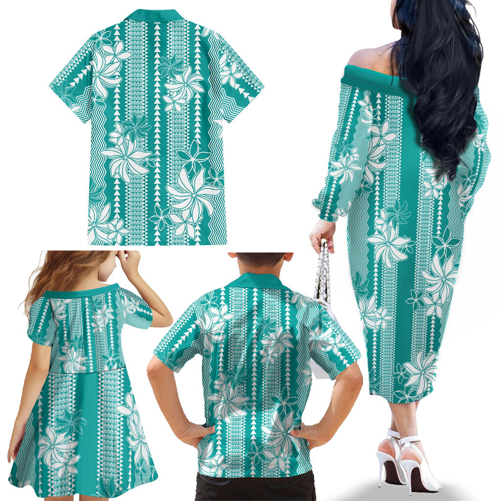 Hawaii Kakau Tribal Family Matching Off The Shoulder Long Sleeve Dress and Hawaiian Shirt With Teal Tiare