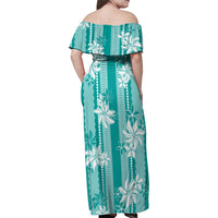 Hawaii Kakau Tribal Family Matching Off Shoulder Maxi Dress and Hawaiian Shirt With Teal Tiare
