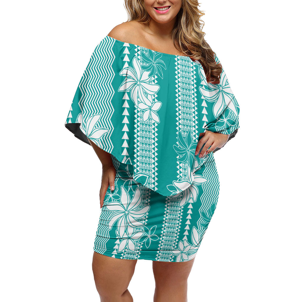 Hawaii Kakau Tribal Family Matching Off Shoulder Short Dress and Hawaiian Shirt With Teal Tiare