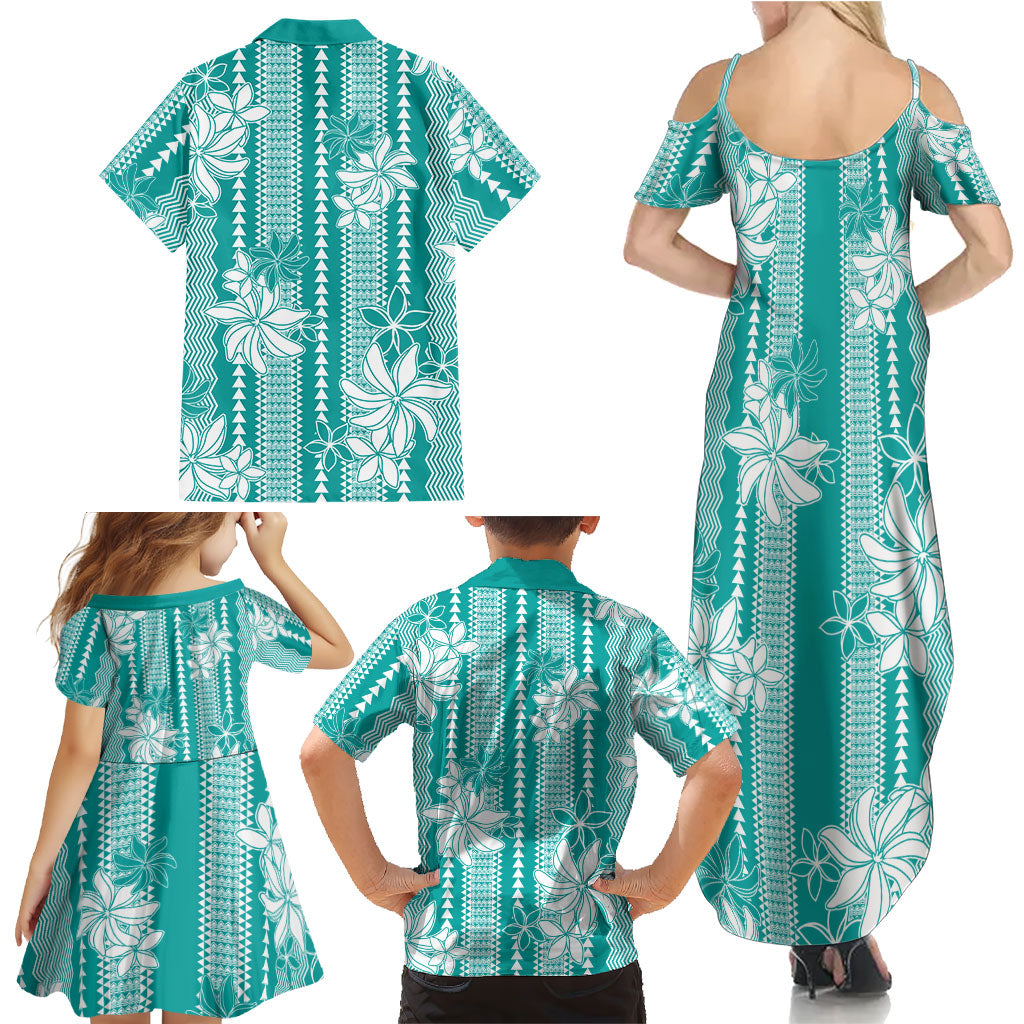 Hawaii Kakau Tribal Family Matching Summer Maxi Dress and Hawaiian Shirt With Teal Tiare
