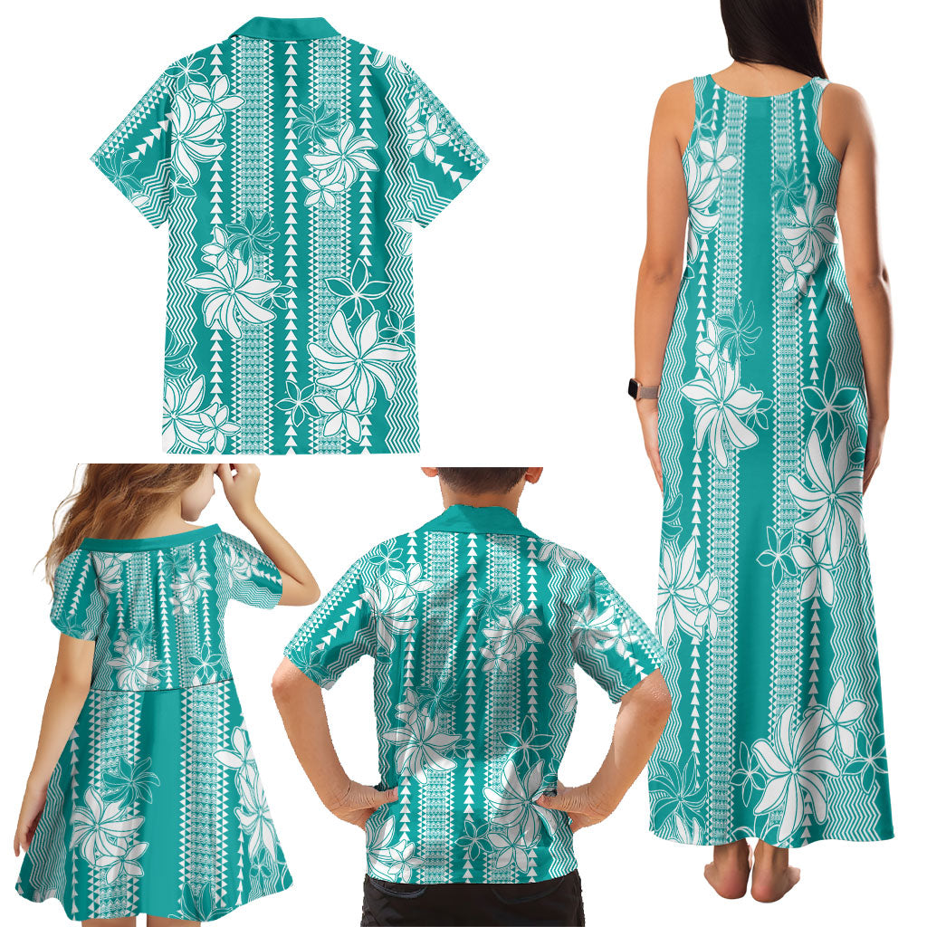 Hawaii Kakau Tribal Family Matching Tank Maxi Dress and Hawaiian Shirt With Teal Tiare