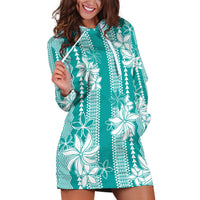 Hawaii Kakau Tribal Hoodie Dress With Teal Tiare