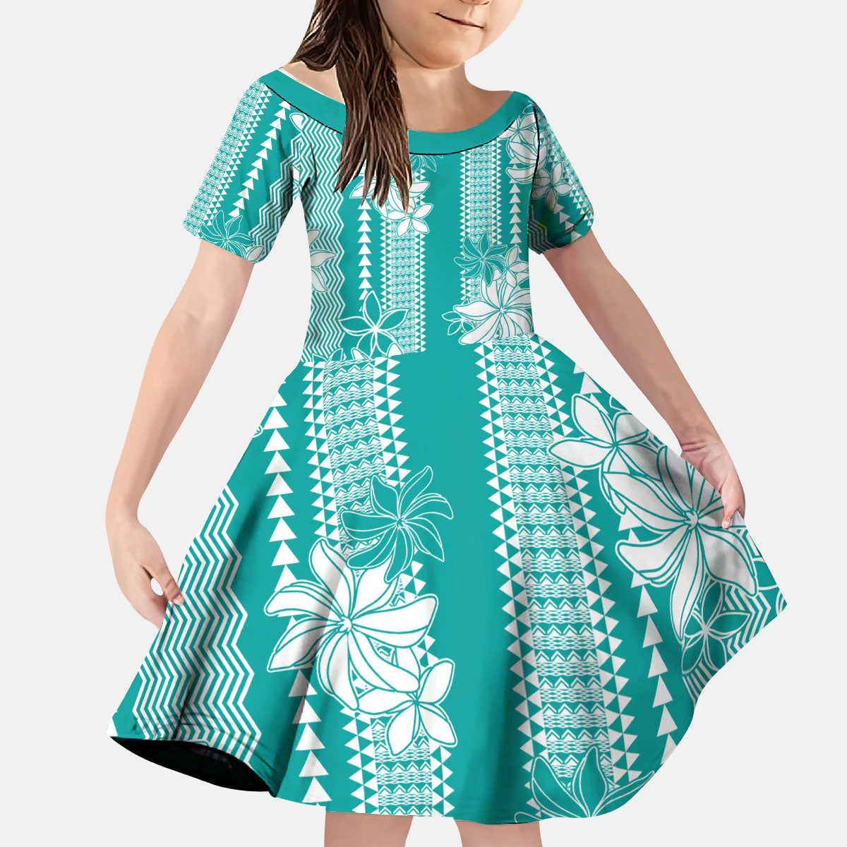 Hawaii Kakau Tribal Kid Short Sleeve Dress With Teal Tiare