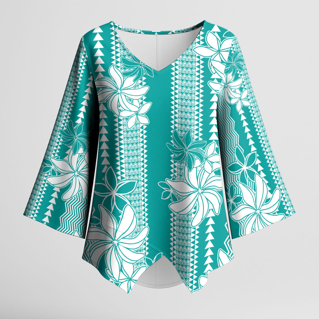 Hawaii Kakau Tribal Kimono Sleeve Blouse With Teal Tiare
