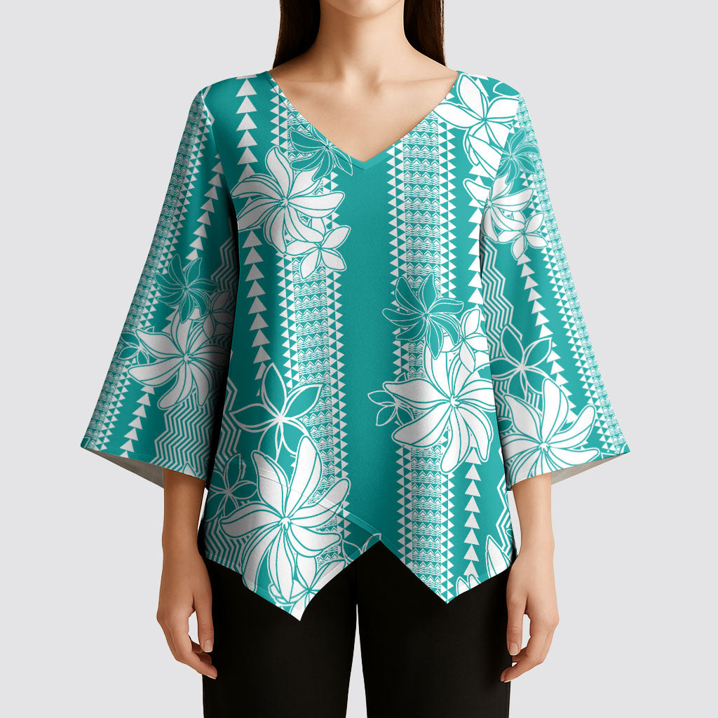 Hawaii Kakau Tribal Kimono Sleeve Blouse With Teal Tiare
