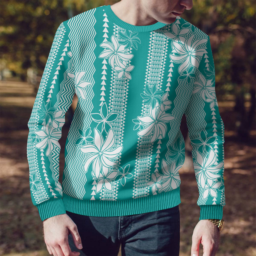 Hawaii Kakau Tribal Ugly Christmas Sweater With Teal Tiare LT05 - Polynesian Pride