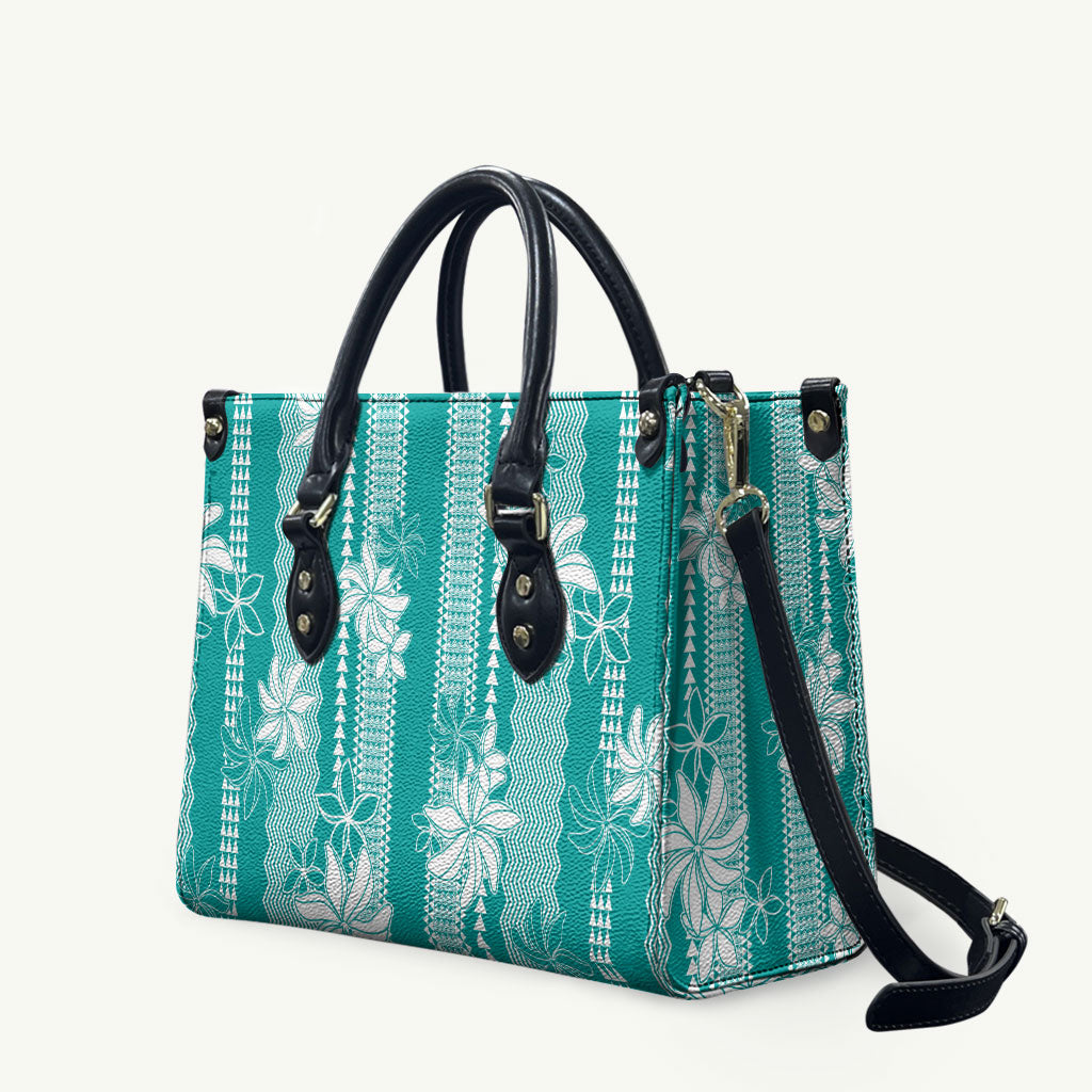 Hawaii Kakau Tribal Leather Bag With Teal Tiare