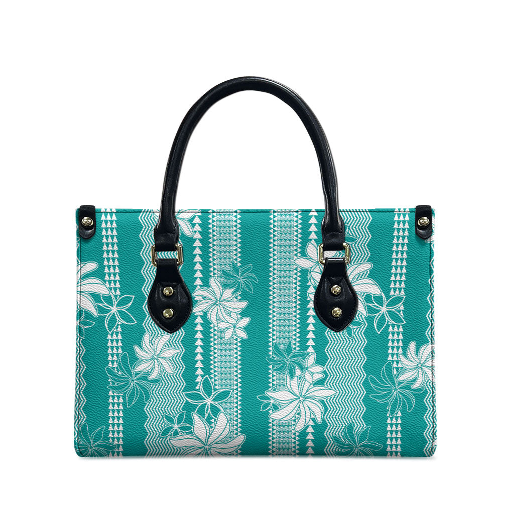 Hawaii Kakau Tribal Leather Bag With Teal Tiare