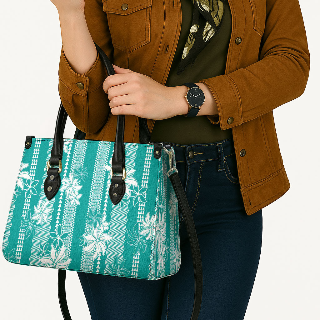 Hawaii Kakau Tribal Leather Bag With Teal Tiare