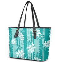 Hawaii Kakau Tribal Leather Tote Bag With Teal Tiare