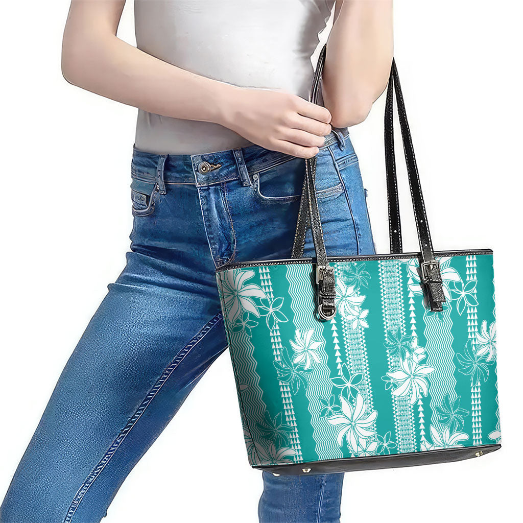 Hawaii Kakau Tribal Leather Tote Bag With Teal Tiare