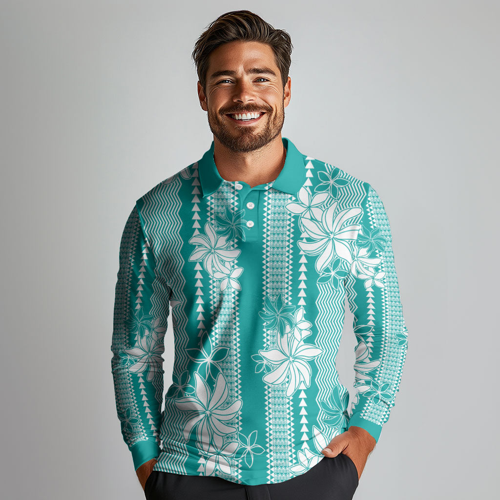 Hawaii Kakau Tribal Long Sleeve Polo Shirt With Teal Tiare