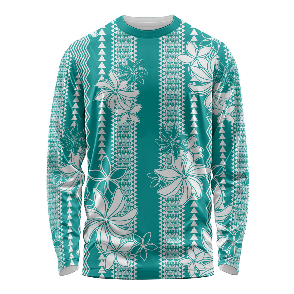 Hawaii Kakau Tribal Long Sleeve Shirt With Teal Tiare