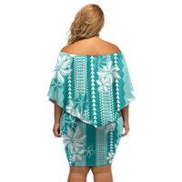 Hawaii Kakau Tribal Off Shoulder Short Dress With Teal Tiare