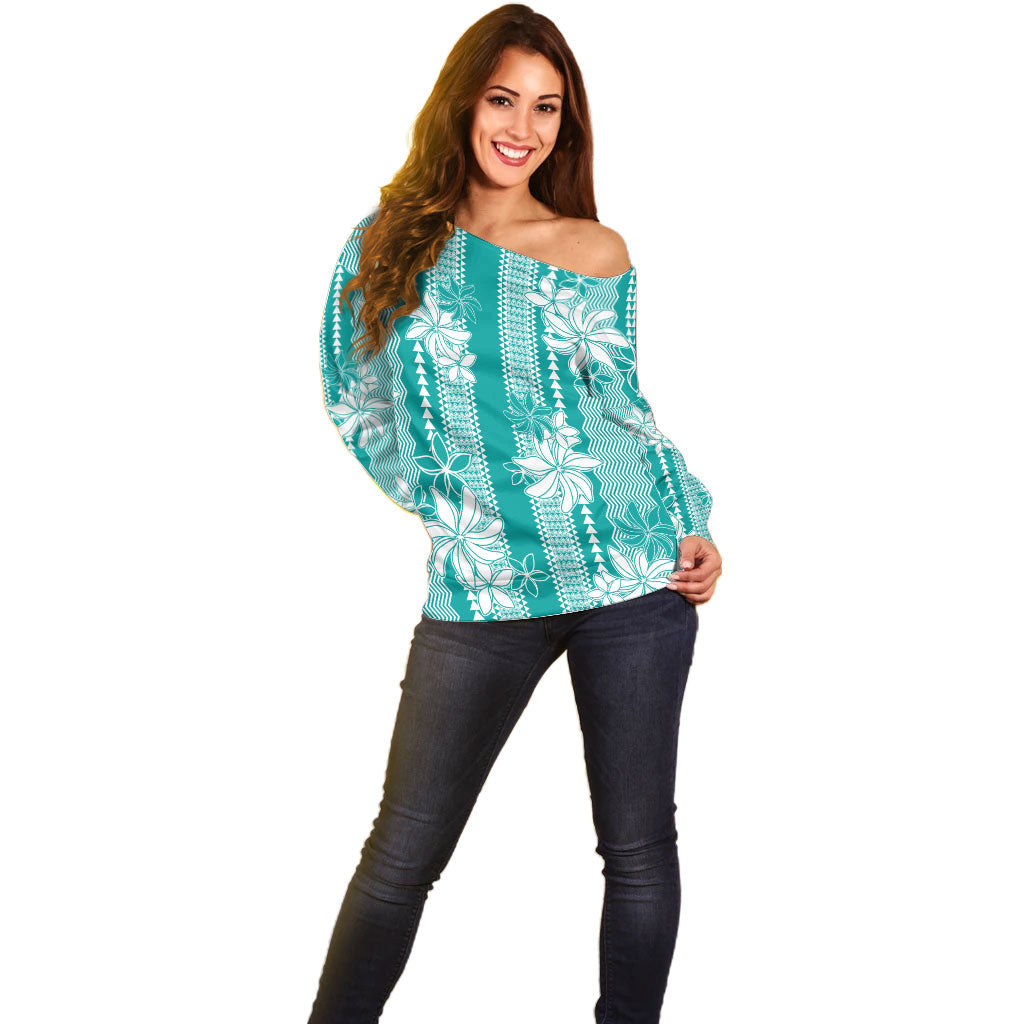 Hawaii Kakau Tribal Off Shoulder Sweater With Teal Tiare