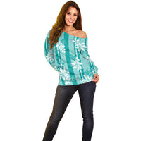 Hawaii Kakau Tribal Off Shoulder Sweater With Teal Tiare