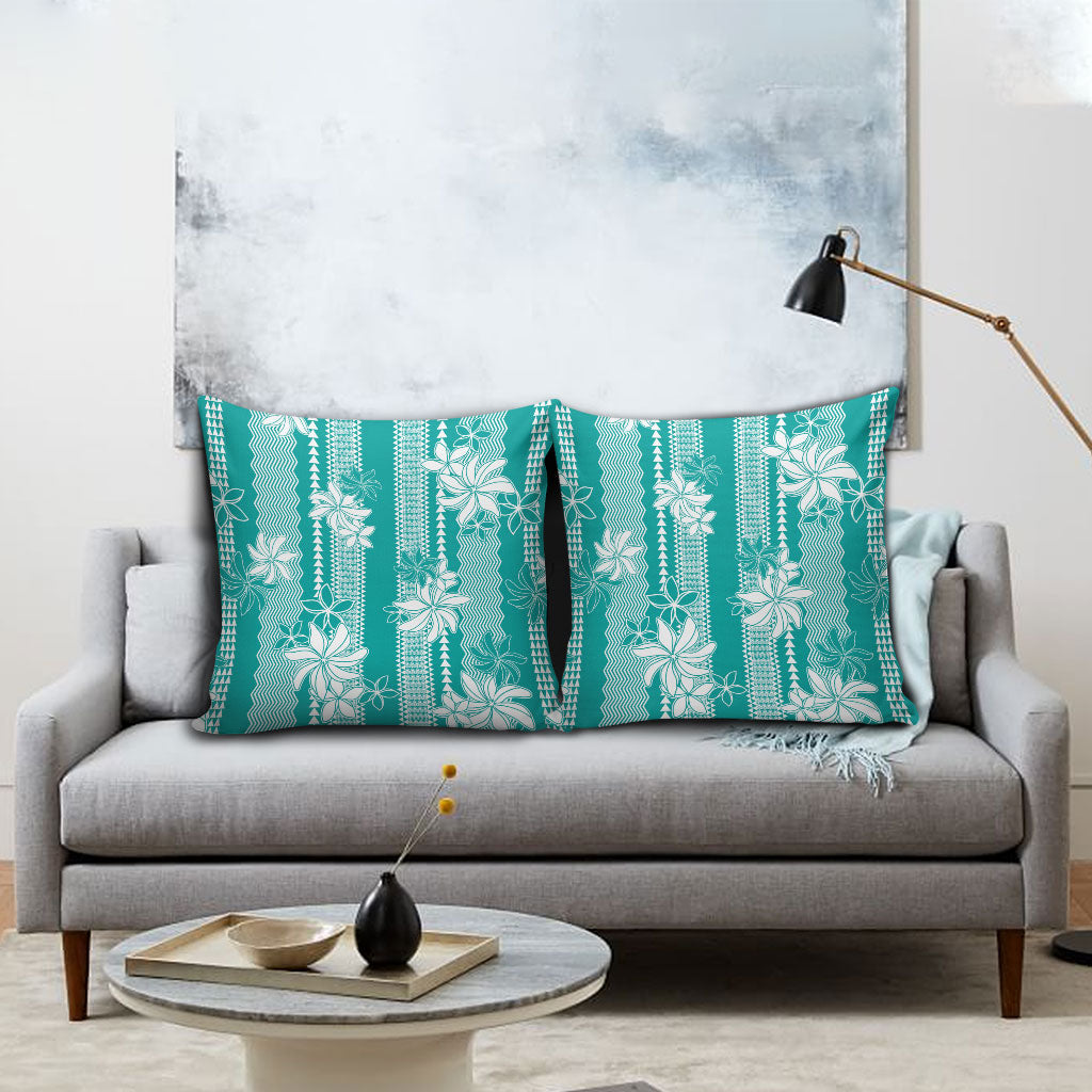 Hawaii Kakau Tribal Pillow Cover With Teal Tiare