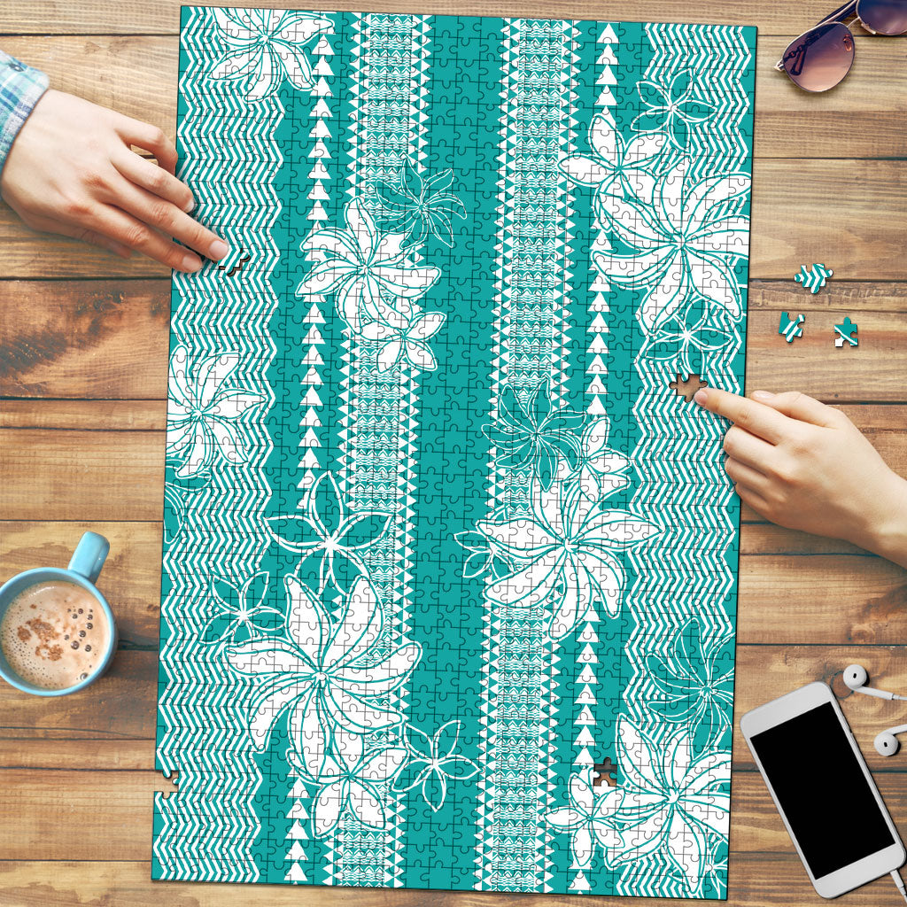 Hawaii Kakau Tribal Puzzle With Teal Tiare