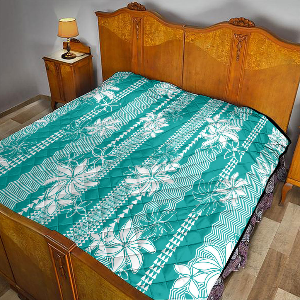 Hawaii Kakau Tribal Quilt With Teal Tiare