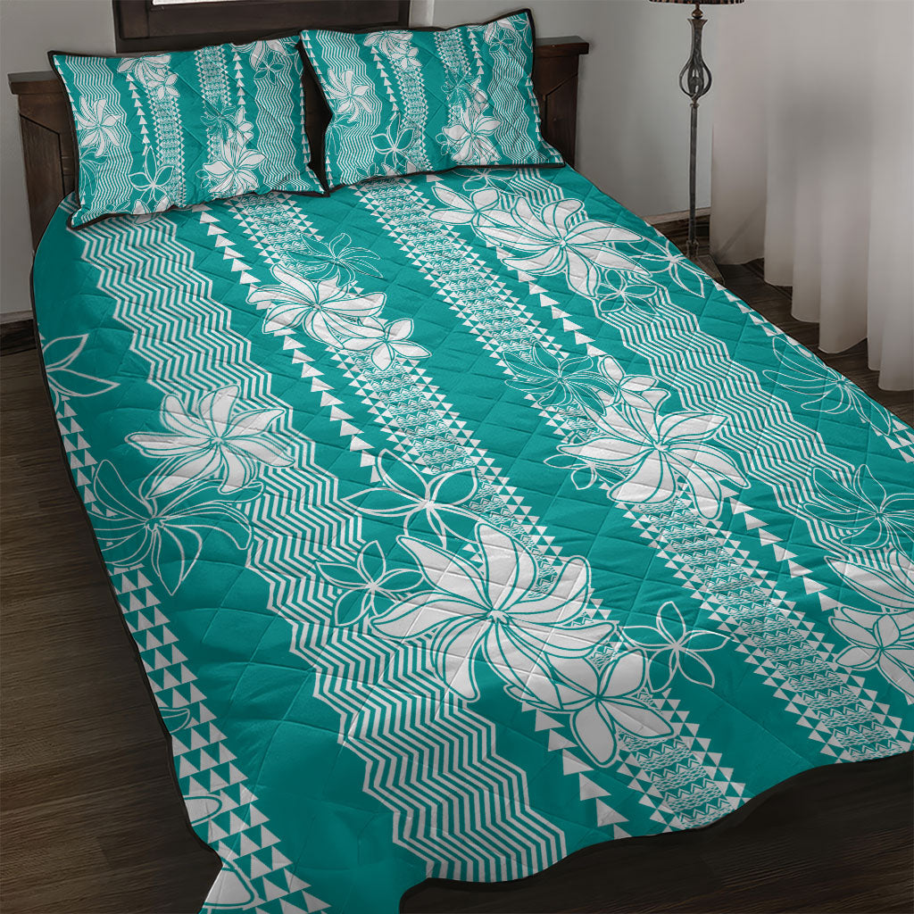 Hawaii Kakau Tribal Quilt Bed Set With Teal Tiare