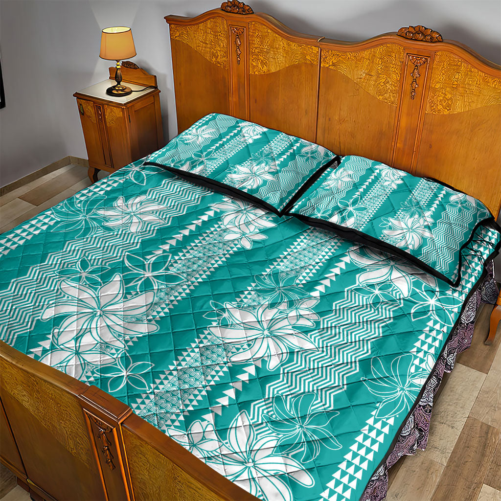 Hawaii Kakau Tribal Quilt Bed Set With Teal Tiare