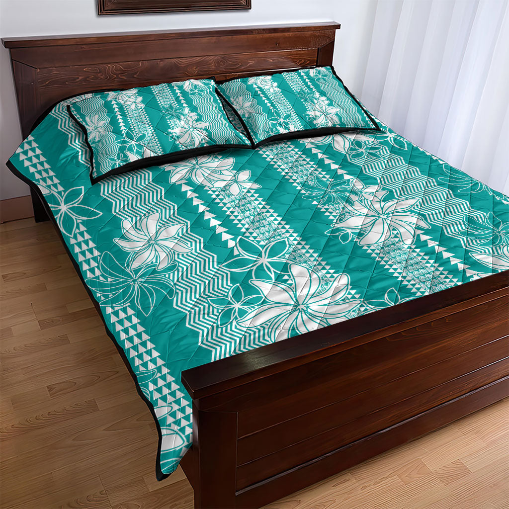 Hawaii Kakau Tribal Quilt Bed Set With Teal Tiare