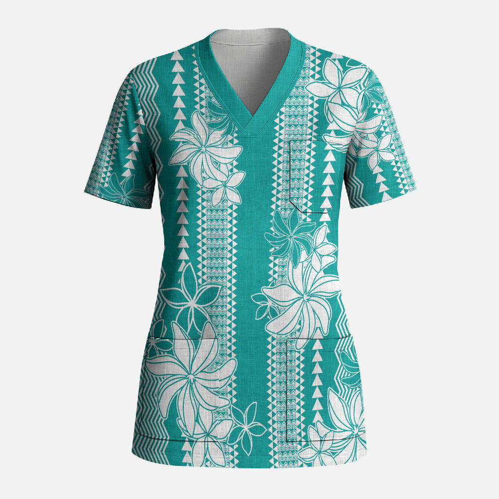 Hawaii Kakau Tribal Scrub Top With Teal Tiare