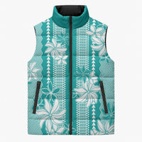 Hawaii Kakau Tribal Sleeveless Puffer Jacket With Teal Tiare