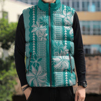 Hawaii Kakau Tribal Sleeveless Puffer Jacket With Teal Tiare