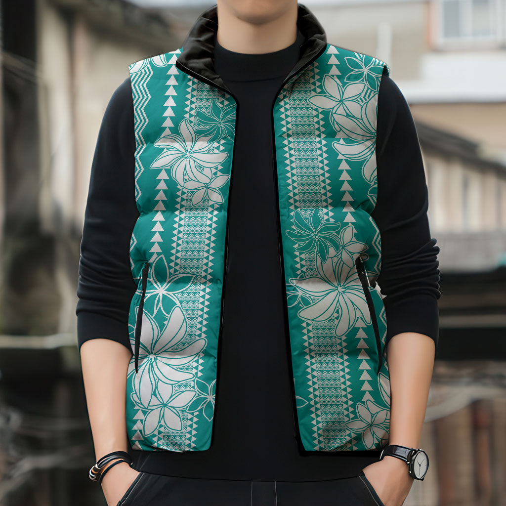 Hawaii Kakau Tribal Sleeveless Puffer Jacket With Teal Tiare