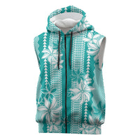 Hawaii Kakau Tribal Sleeveless Zip Hoodie With Teal Tiare