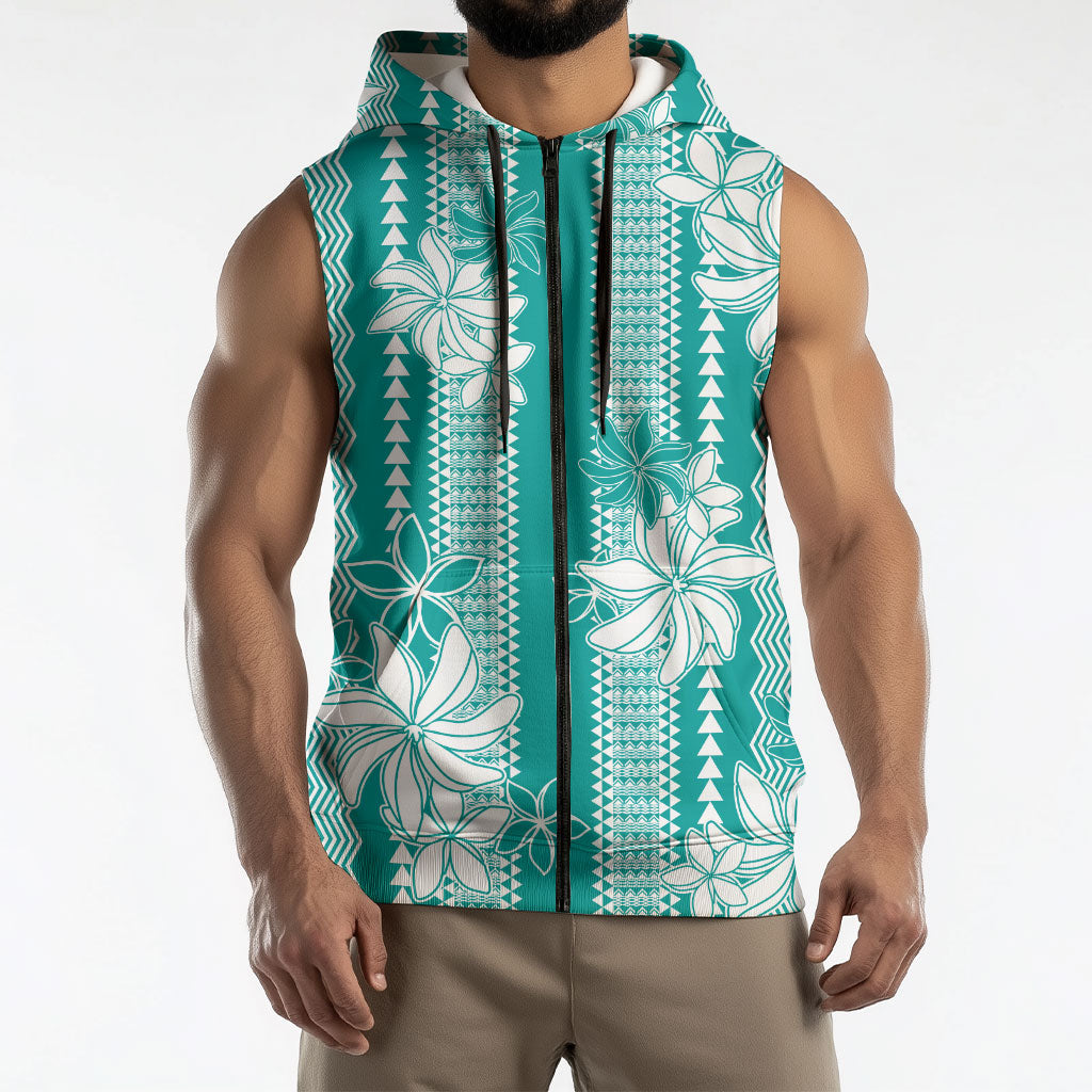 Hawaii Kakau Tribal Sleeveless Zip Hoodie With Teal Tiare