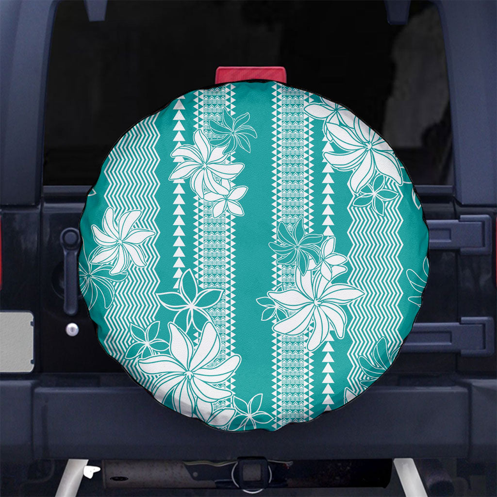 Hawaii Kakau Tribal Spare Tire Cover With Teal Tiare