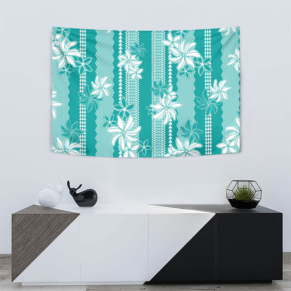 Hawaii Kakau Tribal Tapestry With Teal Tiare