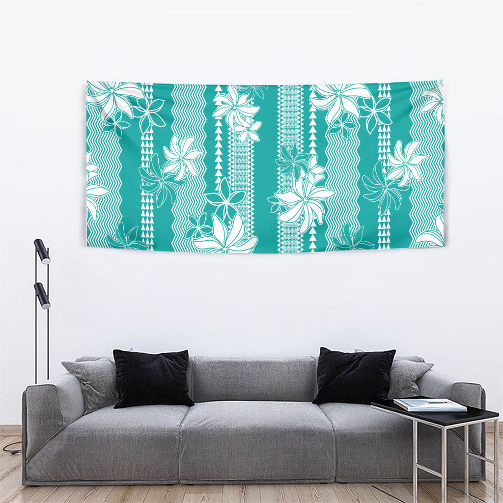 Hawaii Kakau Tribal Tapestry With Teal Tiare