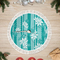 Hawaii Kakau Tribal Tree Skirt With Teal Tiare LT05 Fringed Teal - Polynesian Pride