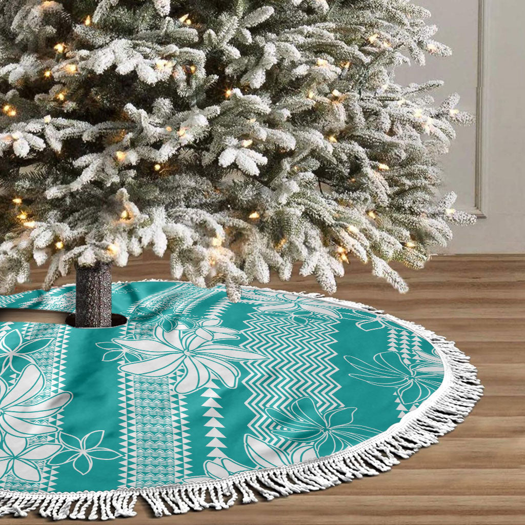 Hawaii Kakau Tribal Tree Skirt With Teal Tiare LT05 - Polynesian Pride