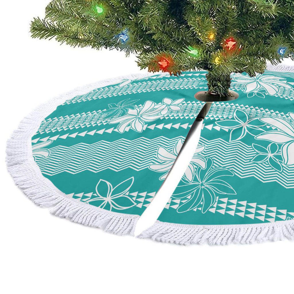 Hawaii Kakau Tribal Tree Skirt With Teal Tiare LT05 - Polynesian Pride