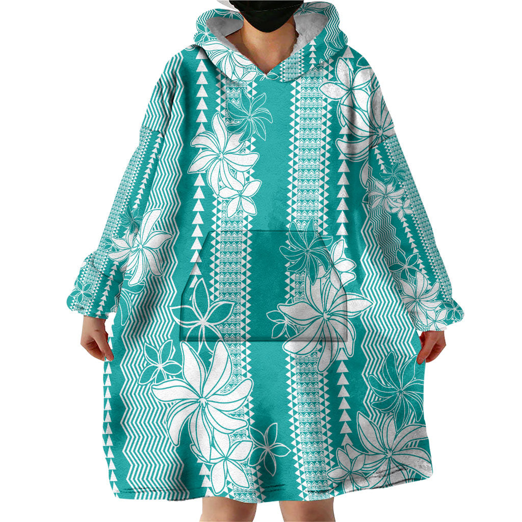 Hawaii Kakau Tribal Wearable Blanket Hoodie With Teal Tiare