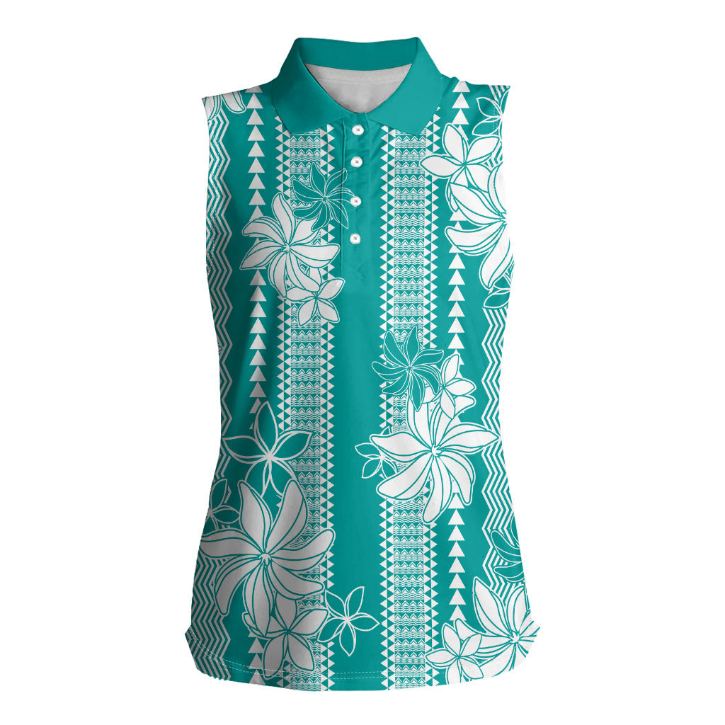 Hawaii Kakau Tribal Women Sleeveless Polo Shirt With Teal Tiare