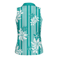 Hawaii Kakau Tribal Women Sleeveless Polo Shirt With Teal Tiare
