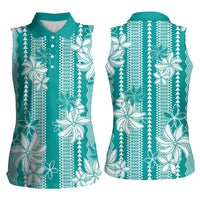 Hawaii Kakau Tribal Women Sleeveless Polo Shirt With Teal Tiare